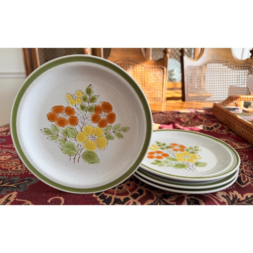 Vintage Stonecrest‎ Salad Plates Set-of-4 | 70s Hand-Painted Floral Stoneware